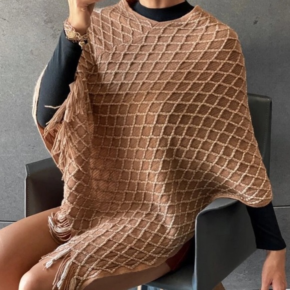 Sweaters - Khaki Argyle Knit Poncho with Fringe Trim in S
